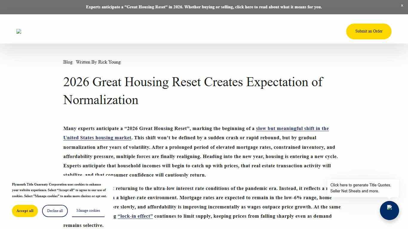 2026 Great Housing Reset Creates Expectation of Normalization